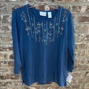Alfred Dunner Women's Blue Embroidered Top